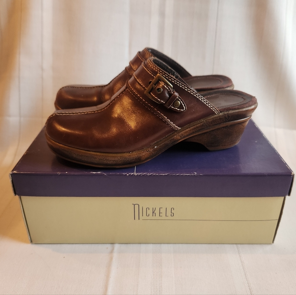 Nickels "Lana" Dark Brown Leather Clogs Slip-Ons ~ Boxed ~ Size 7.5 M